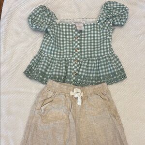 Green Gingham Puff Sleeve Top and Beige Shorts Set